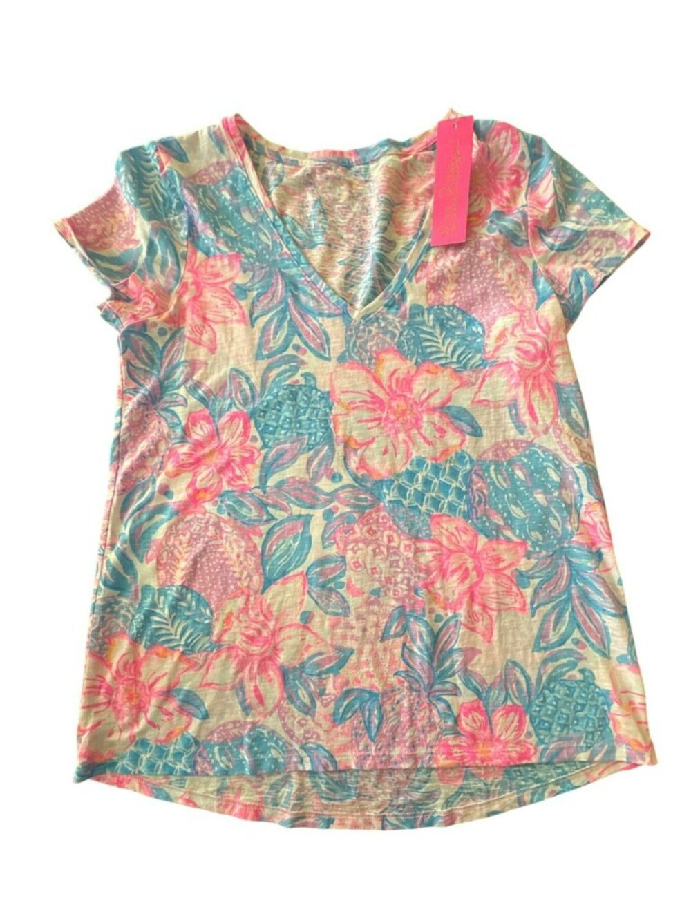 Lilly Pulitzer Etta V-Neck Top Medium NWT Beneath the Bougainvillea Floral Tee